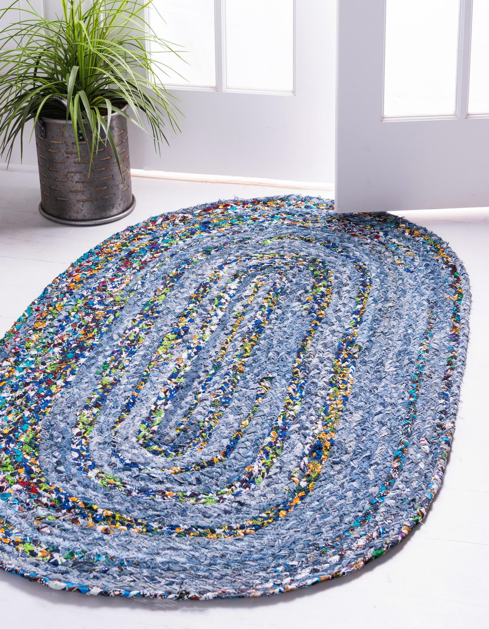Unique Loom Braided Chindi Rug Blue and Multi/Green 8' x 10' Oval Hand Made  Abstract Comfort Perfect For Dining Room Bed Room Kids Room Play Room