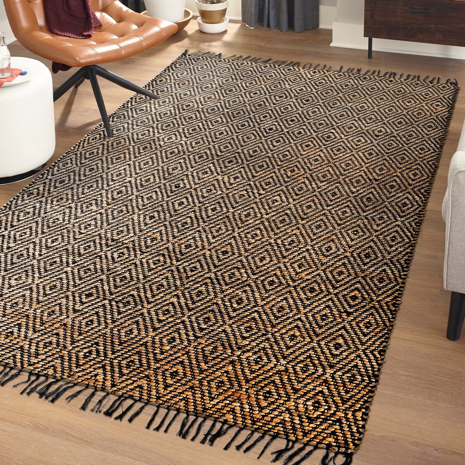 Handmade Braided Black Wool Rectangular Rug with Geometric Design