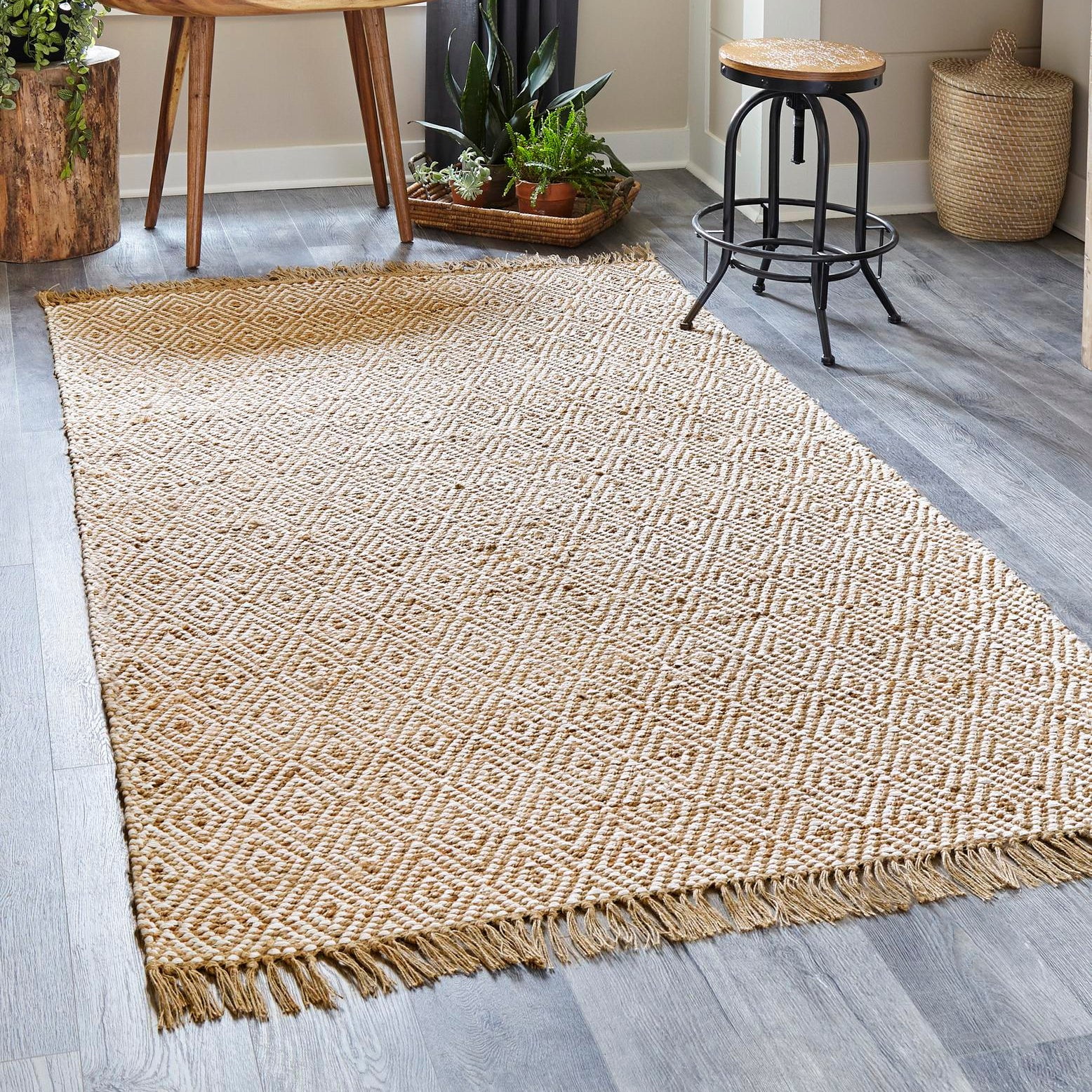 Natural Beige Braided Jute and Cotton Area Rug