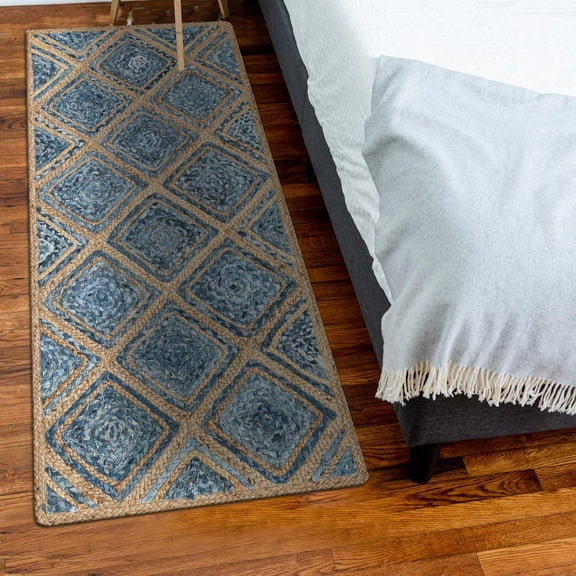 Unique Loom Braided Jute Collection Area Rug - Bengal (2' 7" x 6' 1" Runner Blue/Natural)