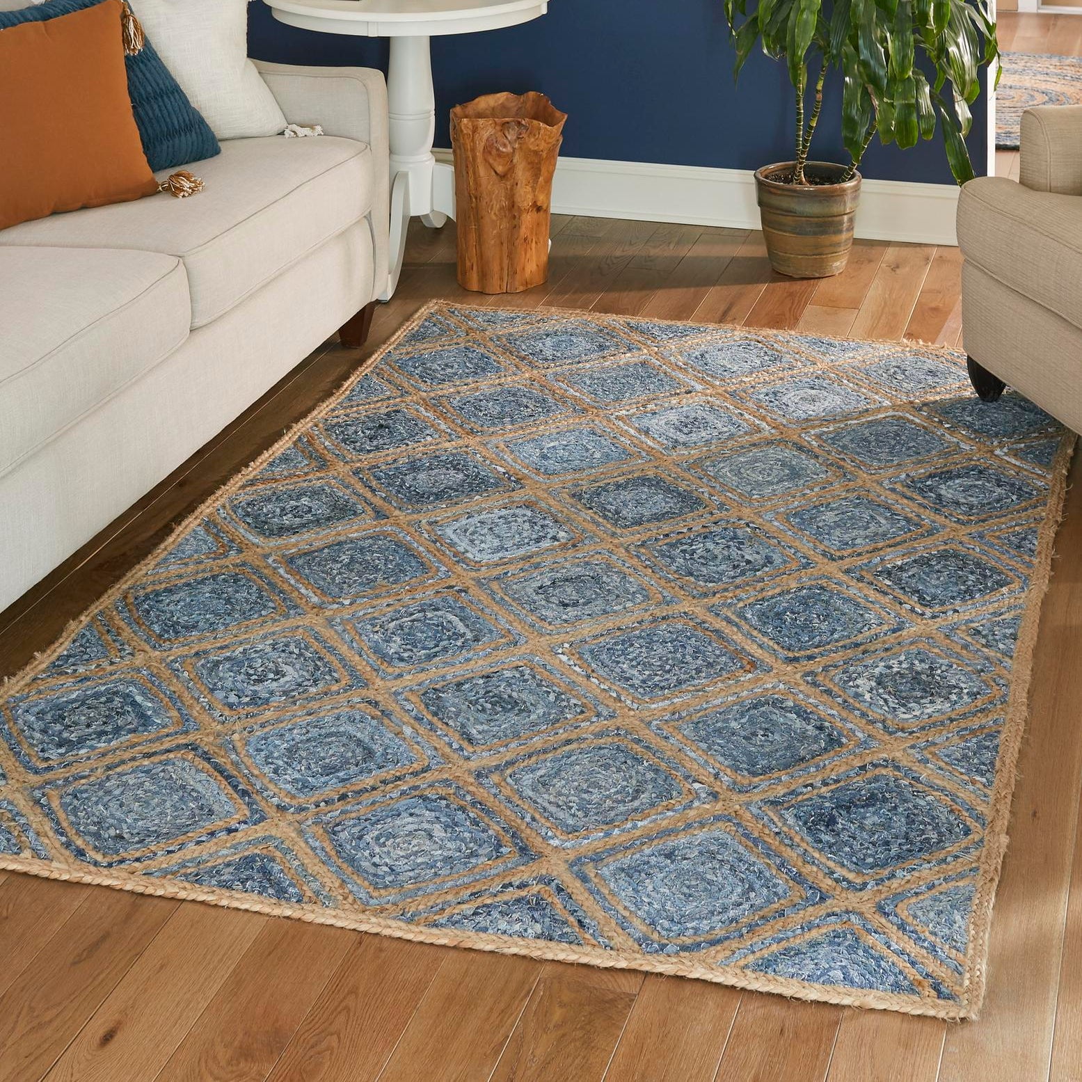 Blue and Beige Handmade Braided Jute Area Rug