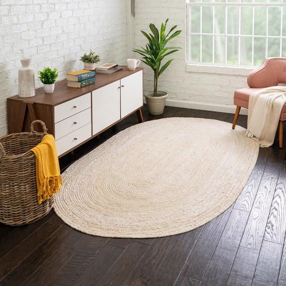 Unique Loom Braided Jute Collection Area Rug - Dhaka (3' 3" x 5' 1" Oval White)