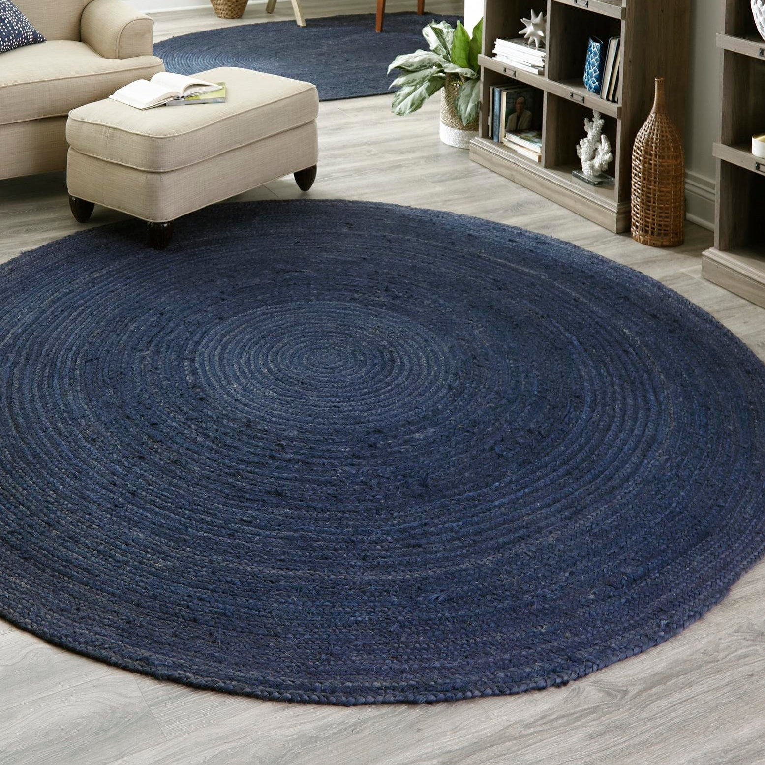 Unique Loom Braided Jute Collection Area Rug - Dhaka (5' 1" Round Navy Blue)