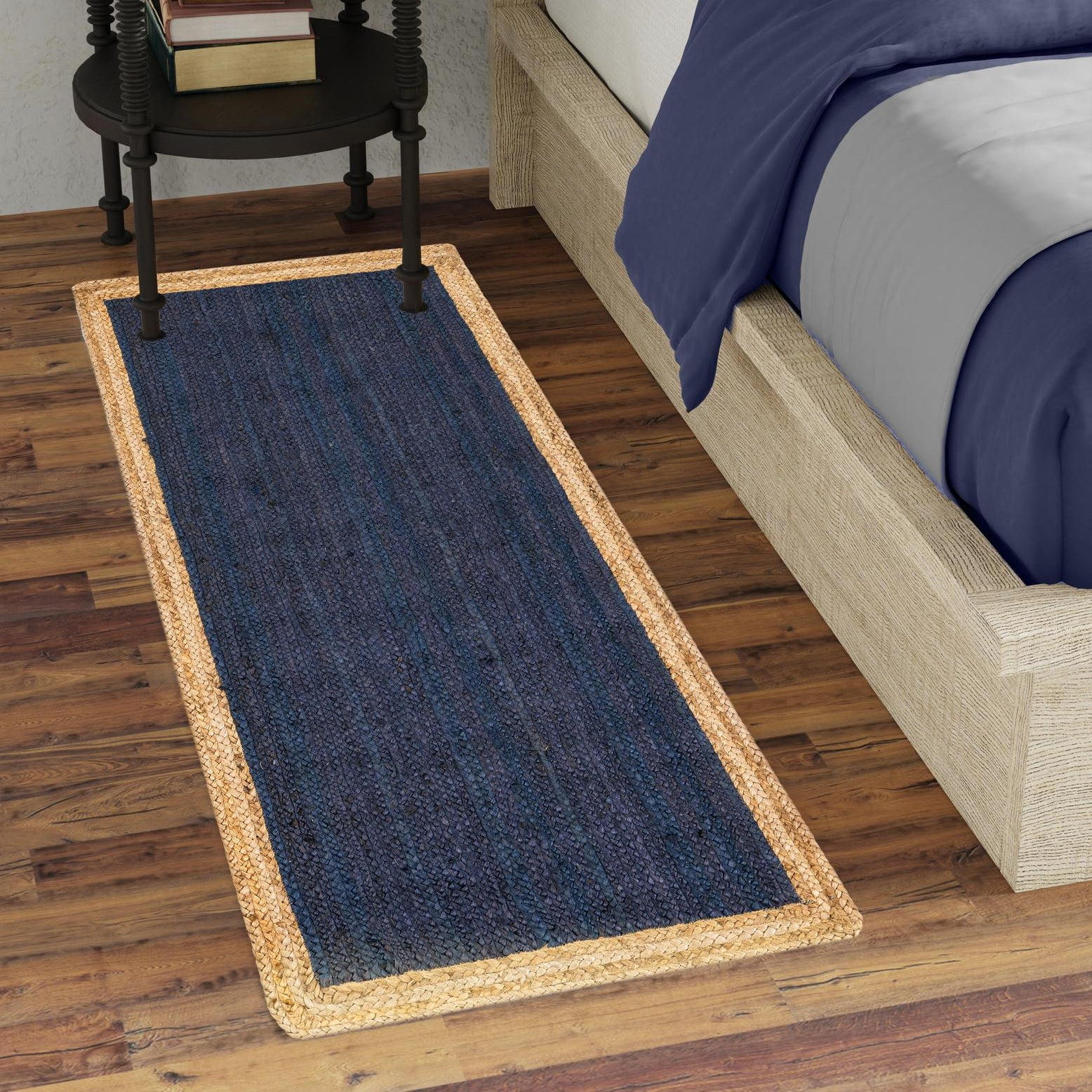 Navy Blue and Tan Braided Jute Runner Rug