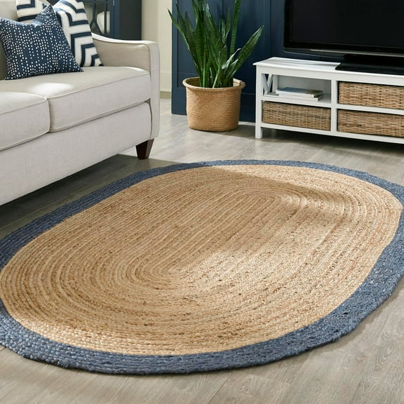Unique Loom Braided Jute Collection Area Rug - Goa (8' x 10' Oval Natural/Navy Blue)