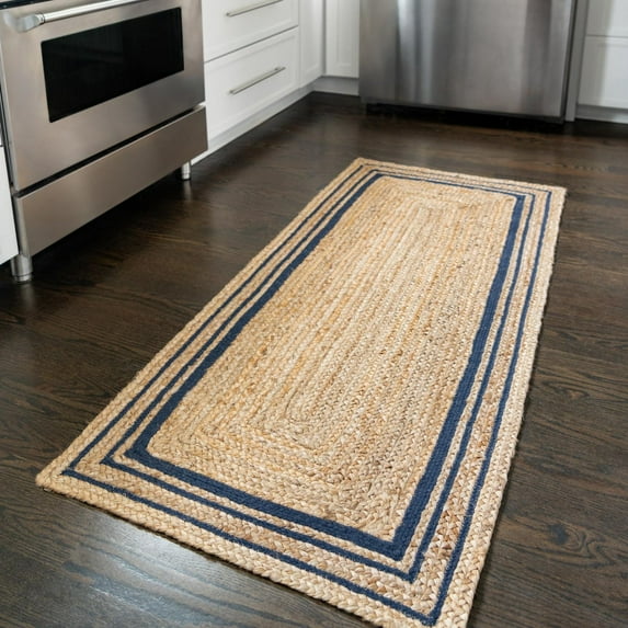 Unique Loom Braided Jute Collection Area Rug - Gujarat (2' 6" x 6' 1" Runner Natural and Navy Blue/Navy Blue)