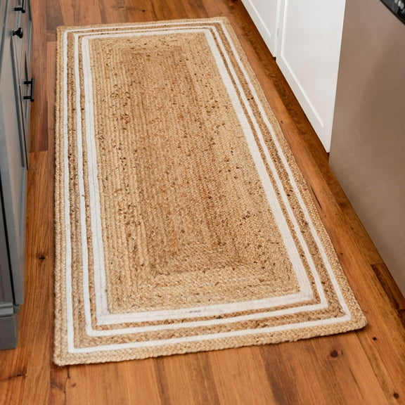 Unique Loom Braided Jute Collection Area Rug - Gujarat (2' 6" x 6' 1" Runner Natural and White/Ivory)
