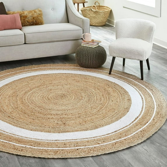 Unique Loom Braided Jute Collection Area Rug - Gujarat (8' Round Natural and White/Ivory)