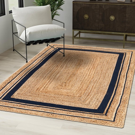 Unique Loom Braided Jute Collection Area Rug - Gujarat (9' x 12' 2" Rectangle Natural and Navy Blue/Navy Blue)