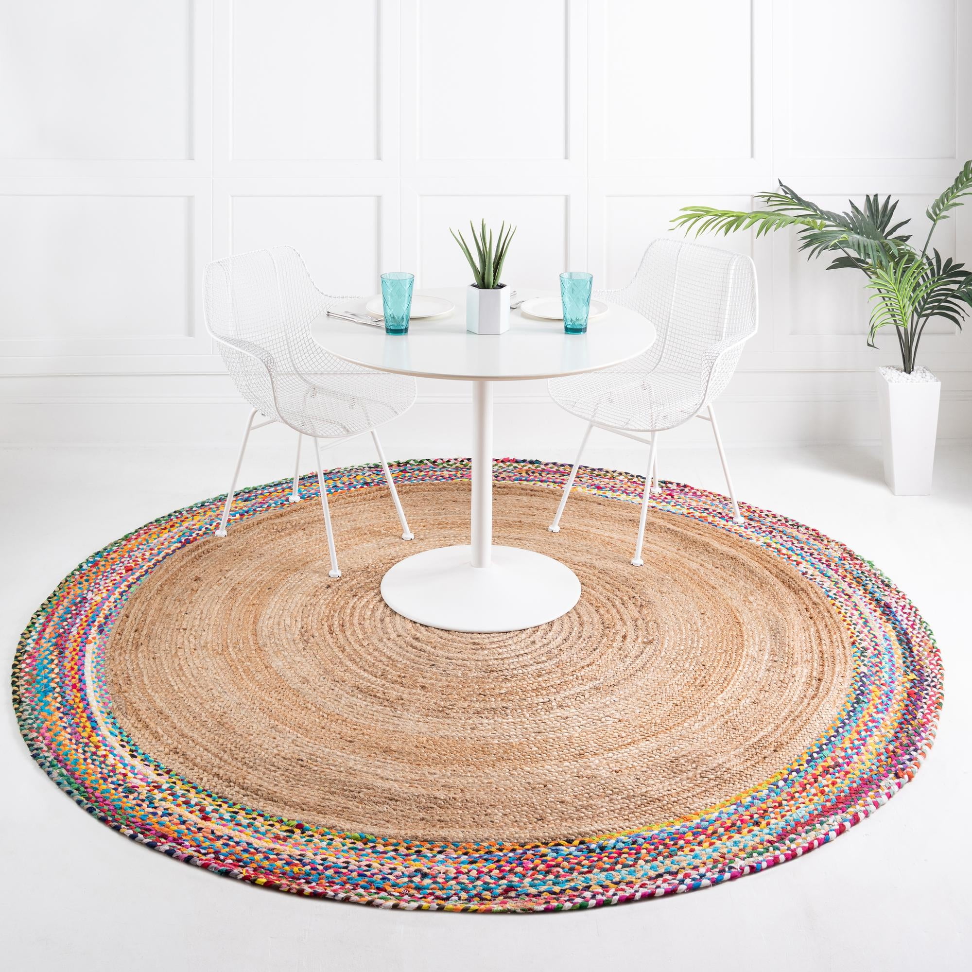 Handmade Blue and Brown Braided Jute 3' Round Area Rug