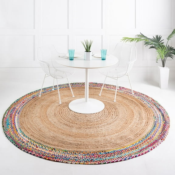Unique Loom Braided Jute Collection Area Rug - Manipur (3' 3" Round Natural/Blue)