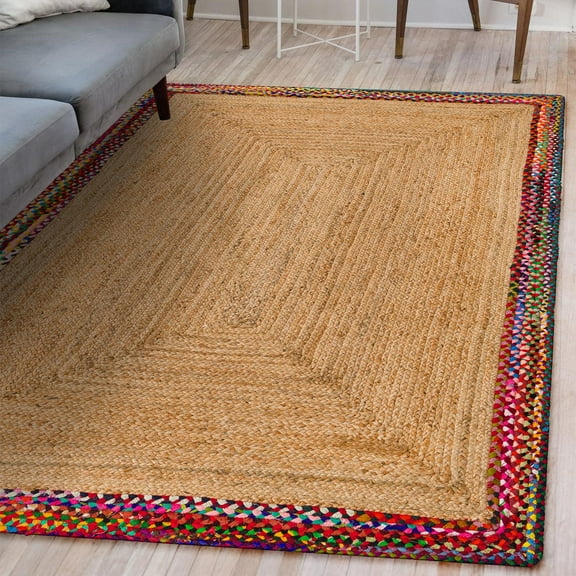 Unique Loom Braided Jute Collection Area Rug - Manipur (6' 1" x 9' Rectangle Natural/Blue)