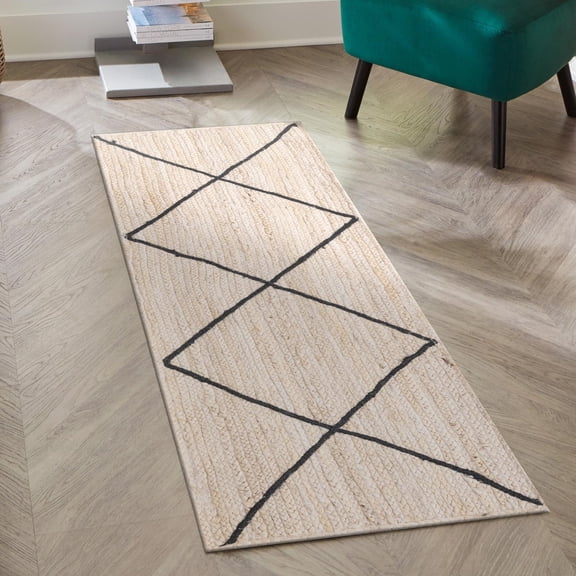 Unique Loom Braided Jute Collection Area Rug - Trellis (2' 2" x 6' 1" Runner Ivory and Black/Black)