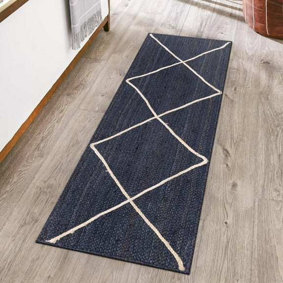 Unique Loom Braided Jute Collection Area Rug - Trellis (2' 2" x 6' 1" Runner Navy Blue/Ivory)