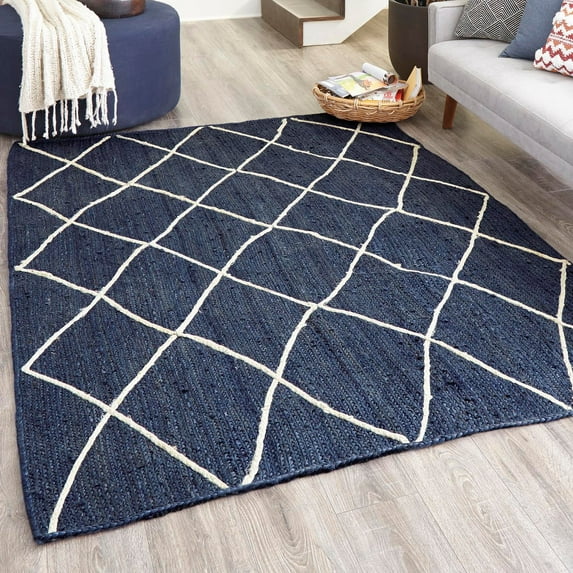Unique Loom Braided Jute Collection Area Rug - Trellis (3' 3" x 5' 1" Rectangle Navy Blue/Ivory)