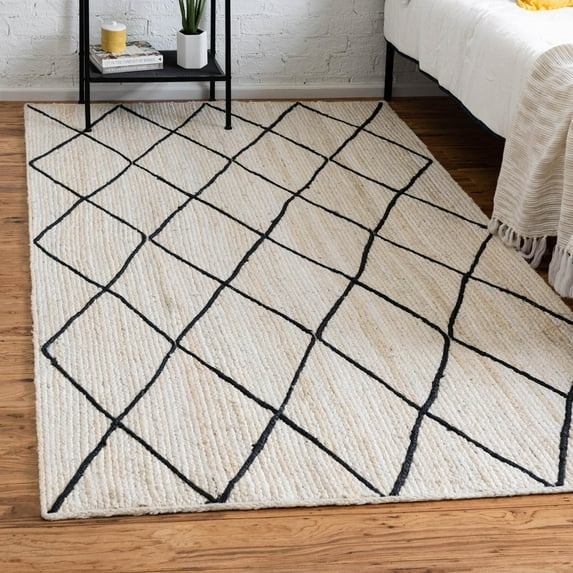 Unique Loom Braided Jute Collection Area Rug - Trellis (4' 1" x 6' 1" Rectangle Ivory and Black/Black)