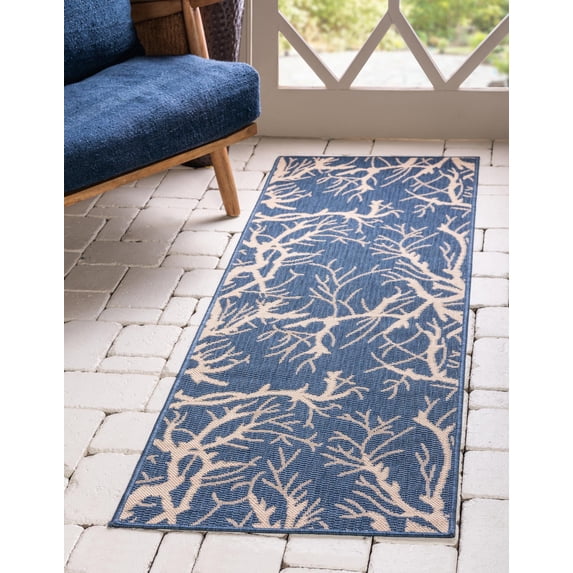 Unique Loom Branch Indoor/Outdoor Botanical Rug Blue/Beige 2' 2" x 6' 1" Runner Floral / Botanical Perfect For Patio Deck Garage Entryway