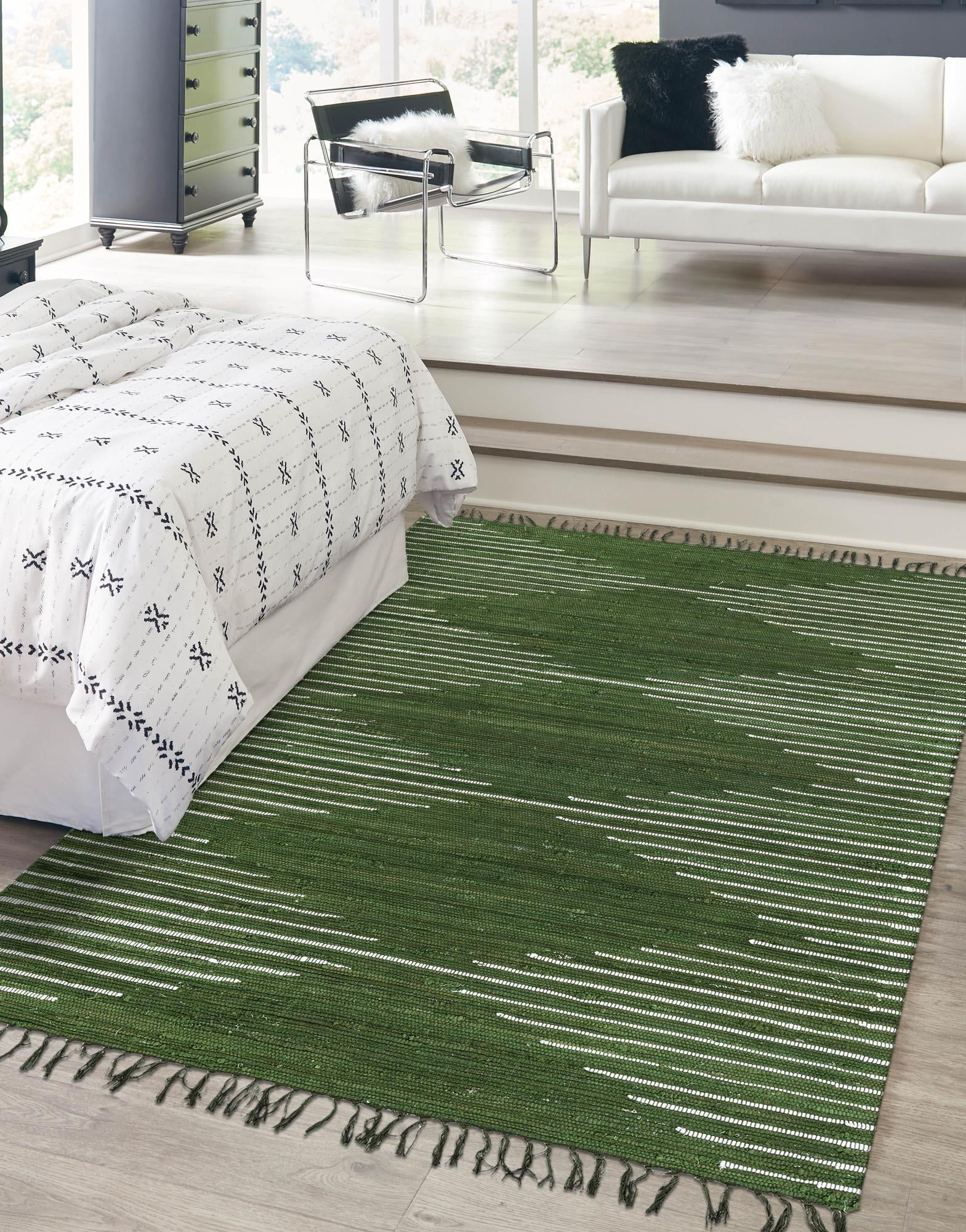 Handwoven Green Cotton Geometric Rectangular Area Rug