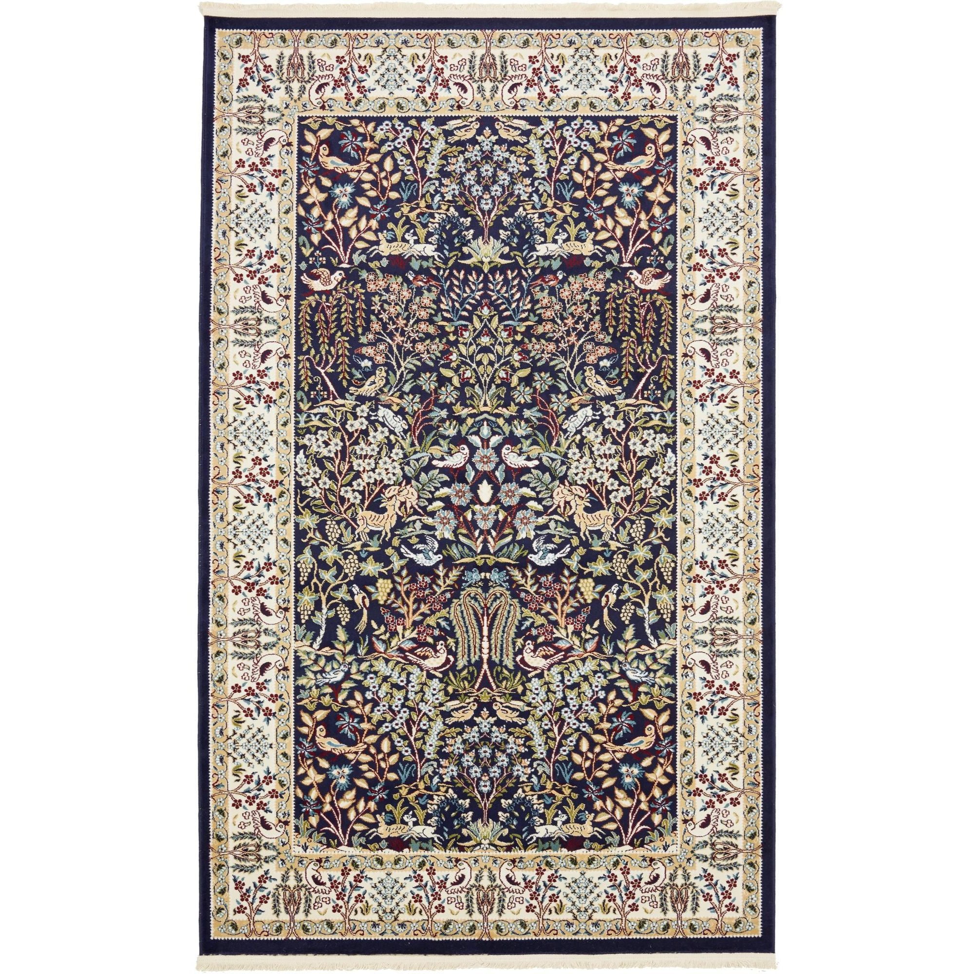 Navy Blue Rectangular Floral Easy Care Area Rug
