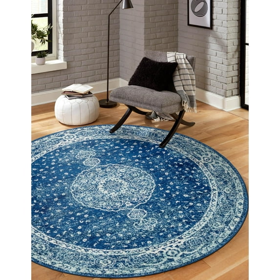Unique Loom Bromley Collection Area Rug - Midnight (3' Round Navy Blue/Ivory)