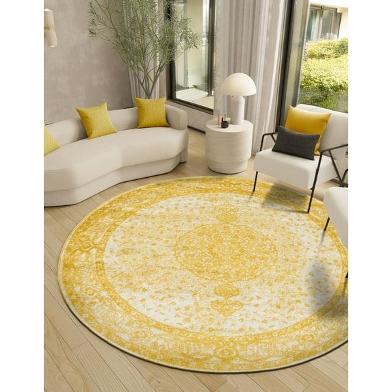 Unique Loom Bromley Collection Area Rug - Midnight (5' 1" Round Yellow/Ivory)