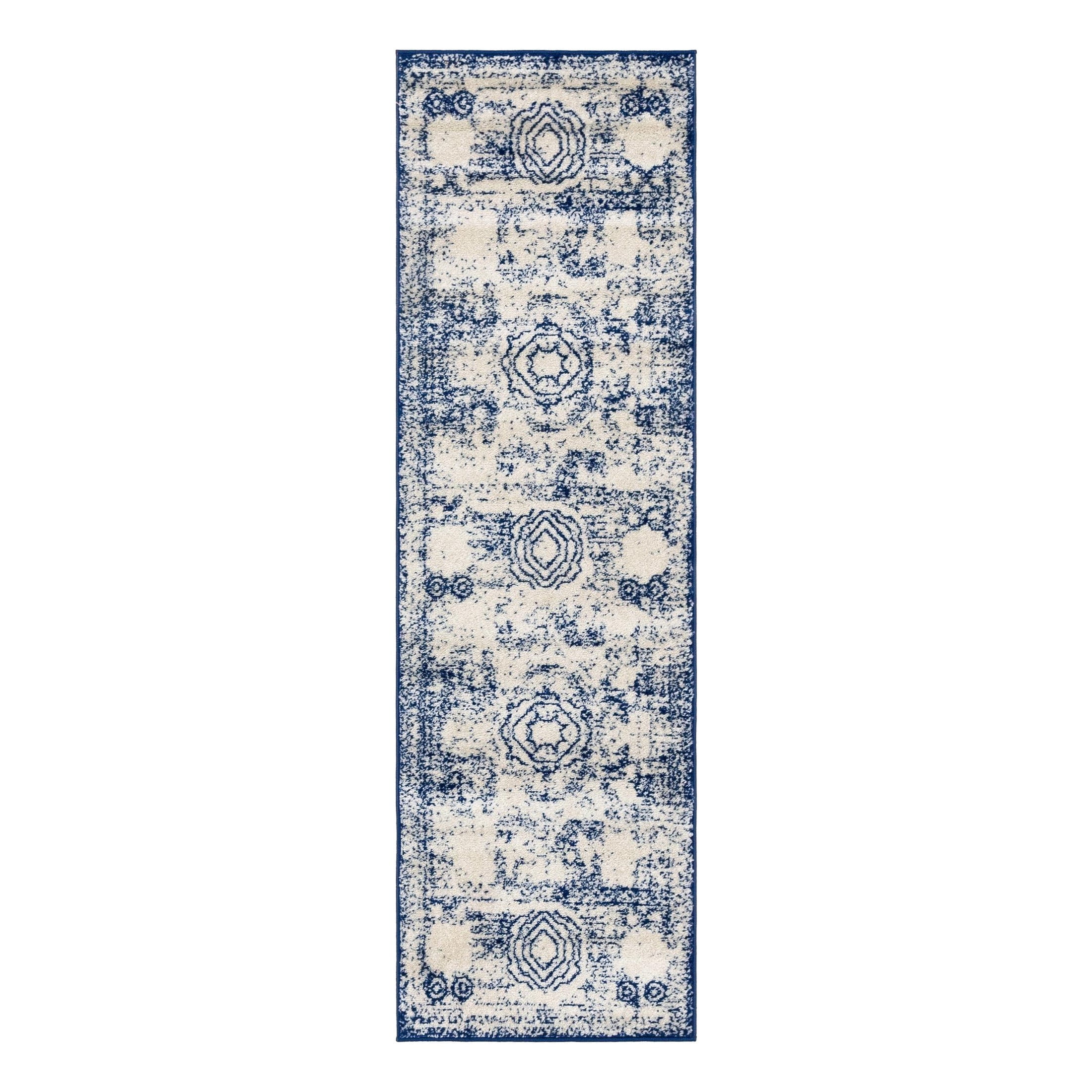 Ivory and Blue Geometric Synthetic Runner Rug