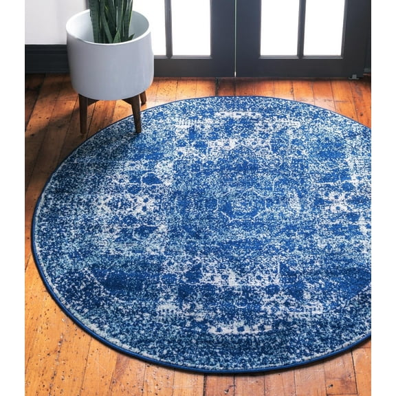 Unique Loom Bromley Collection Area Rug - Wells (3' Round Navy Blue/Ivory)