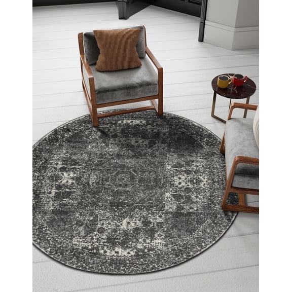Unique Loom Bromley Collection Area Rug - Wells (5' 1" Round Dark Gray/Gray)