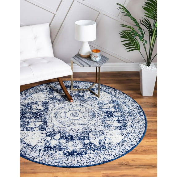Unique Loom Bromley Collection Area Rug - Wells (8' Round Ivory and Blue/Ivory)