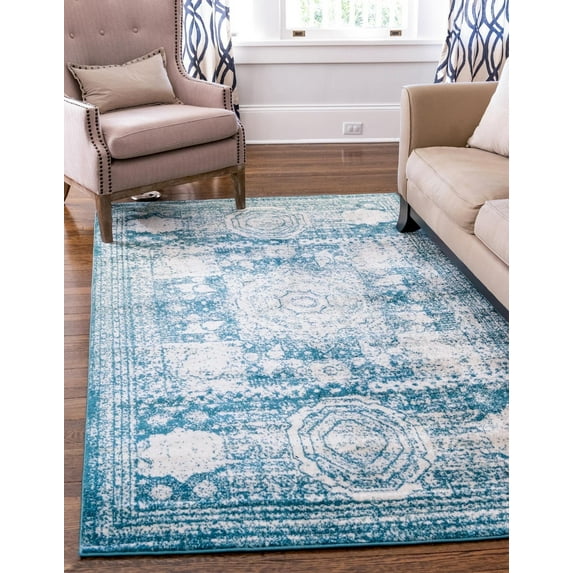 Unique Loom Bromley Collection Area Rug - Wells (9' x 12' 2" Rectangle Turquoise/Ivory)
