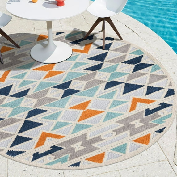 Unique Loom Aruba Outdoor Collection Area Rug - Bubali (5' 3" Round Gray/Ivory)