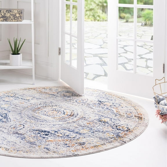 Unique Loom Budapest Collection Area Rug - Liszt (3' 7" Round Gray/Blue)