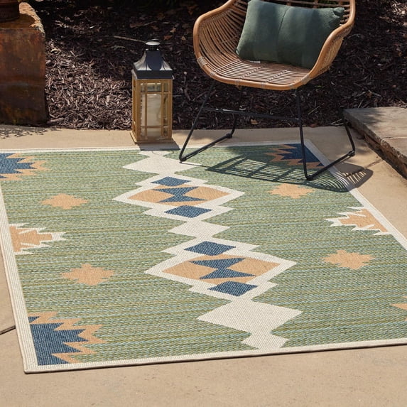 Unique Loom Baja Outdoor Collection Area Rug - Cabo (10' x 13' 1" Rectangle Green/Navy Blue)