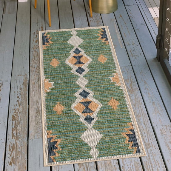 Unique Loom Baja Outdoor Collection Area Rug - Cabo (2' x 5' 1" Runner Green/Navy Blue)