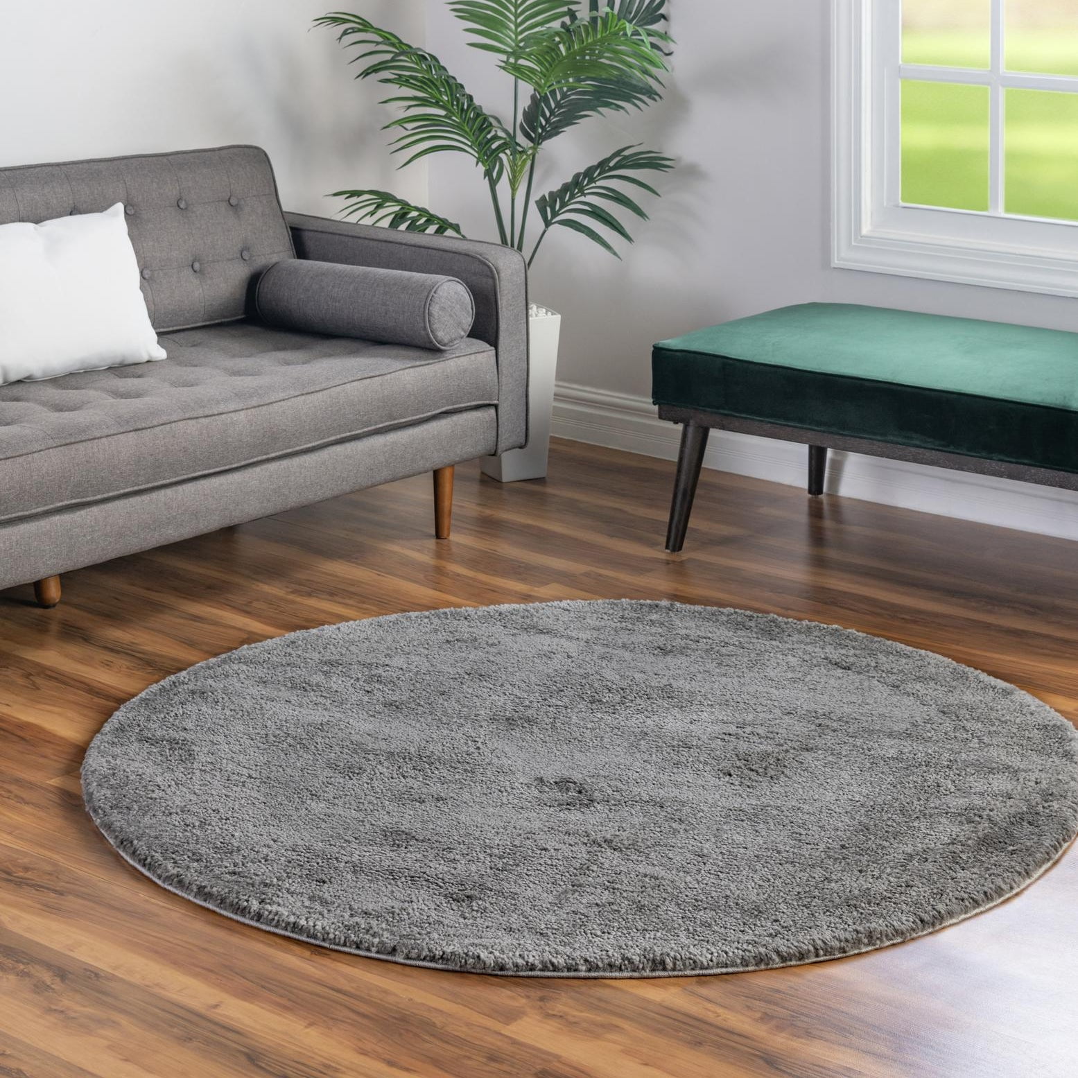Cozy Elegance Round Gray Shag Area Rug, 3' 3" Diameter, Kid-Friendly