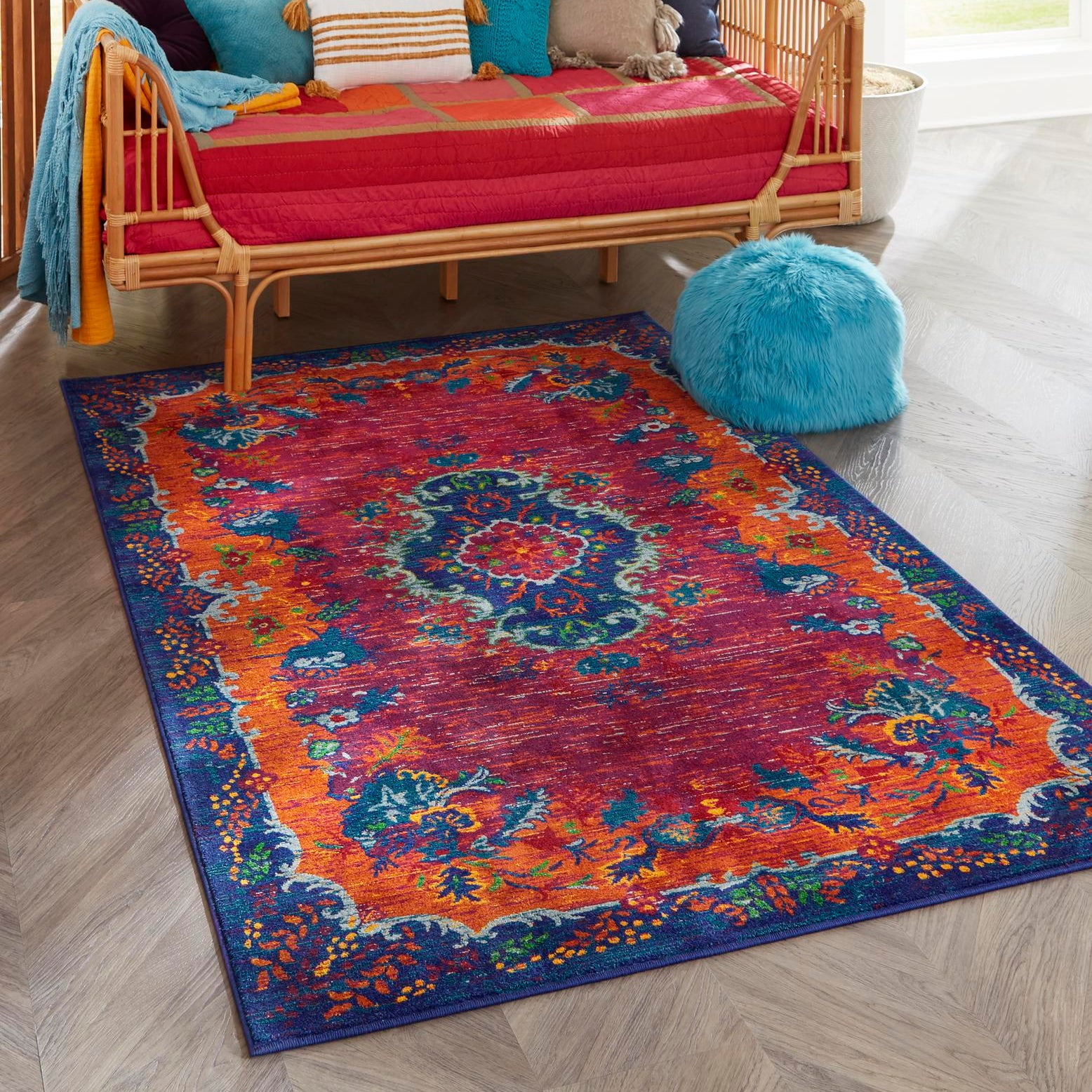 Fuchsia and Blue Abstract Synthetic Rectangular Area Rug 4' x 6'