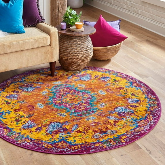 Unique Loom Calypso Collection Area Rug - Antigua (5' 3" Round Orange/Blue)