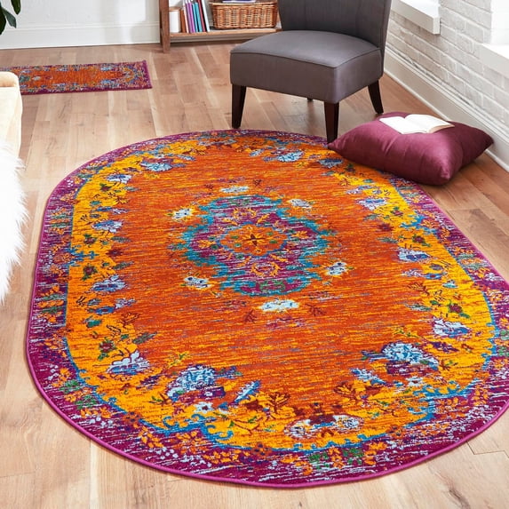 Unique Loom Calypso Collection Area Rug - Antigua (5' 3" x 8' Oval Orange/Blue)