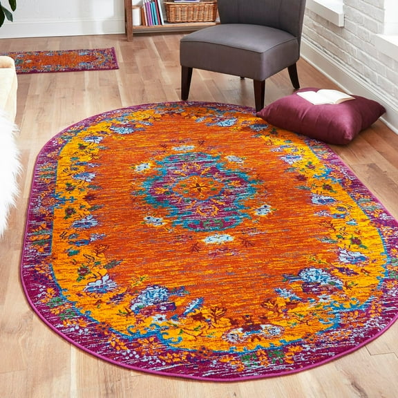 Unique Loom Calypso Collection Area Rug - Antigua (7' 10" x 10' Oval Orange/Blue)