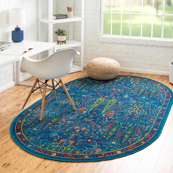 Unique Loom Calypso Collection Area Rug - Kaiso (5' 3" x 8' Oval Navy Blue/Green)