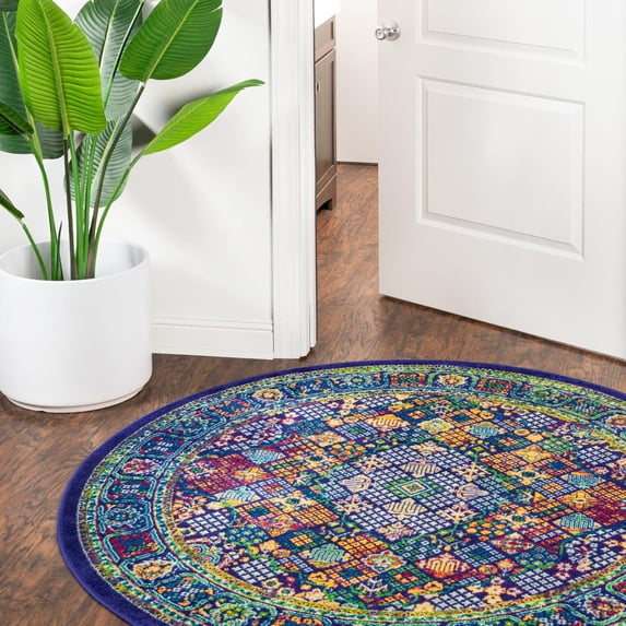 Unique Loom Calypso Collection Area Rug - Trinidad (4' Round Navy Blue/Green)