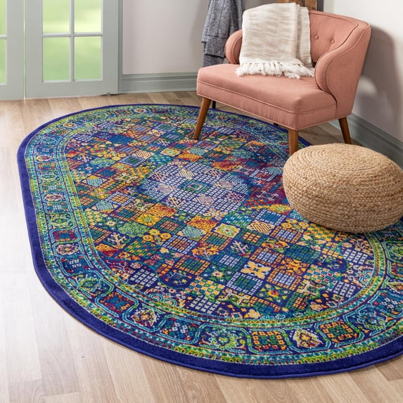 Unique Loom Calypso Collection Area Rug - Trinidad (7' 10" x 10' Oval Navy Blue/Green)