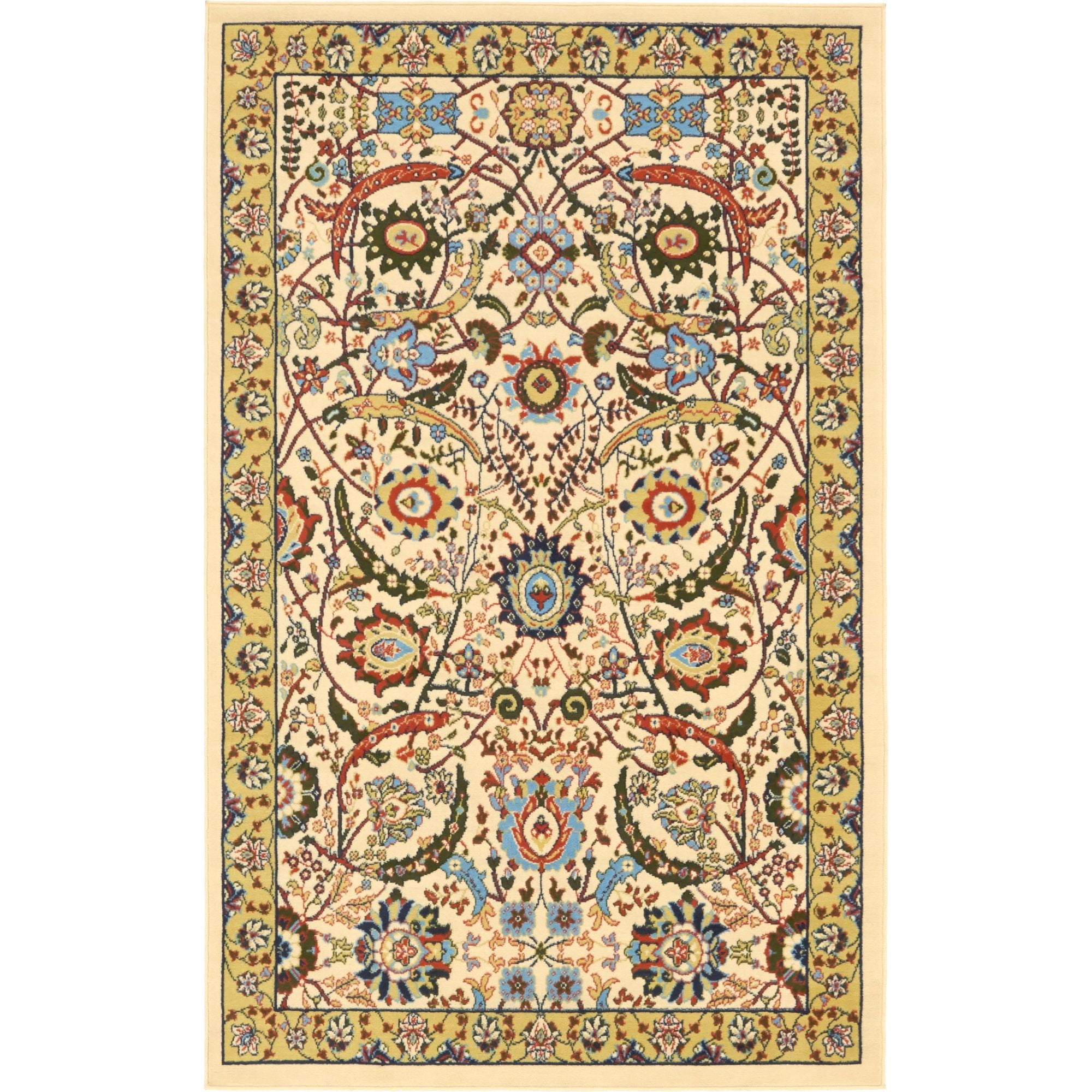 Ivory and Multicolor Rectangular Synthetic Area Rug