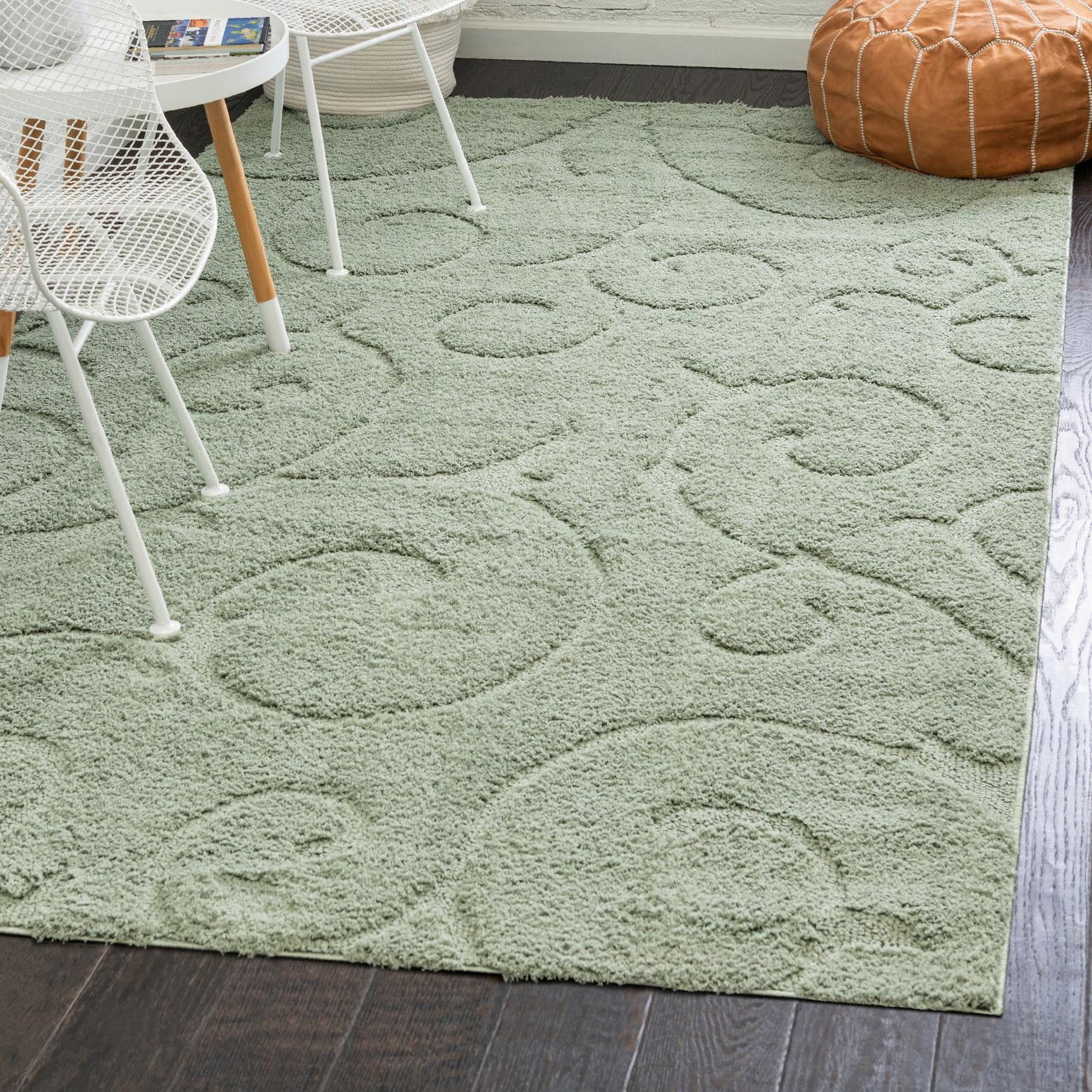 Green Floral Shag 9' x 12' Polyester Area Rug