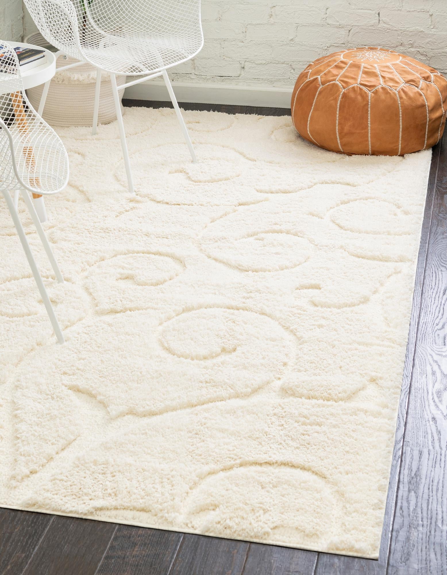 Ivory Floral Carved Shag Rectangular Area Rug 5' x 8'