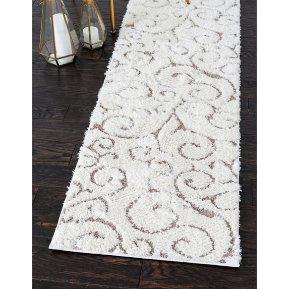 Unique Loom Carved Floral Shag Rug Ivory Brown/Light Brown 2' x 6' 9" Runner Floral Transitional Perfect For Bathroom Hallway Mud Room Laundry Room