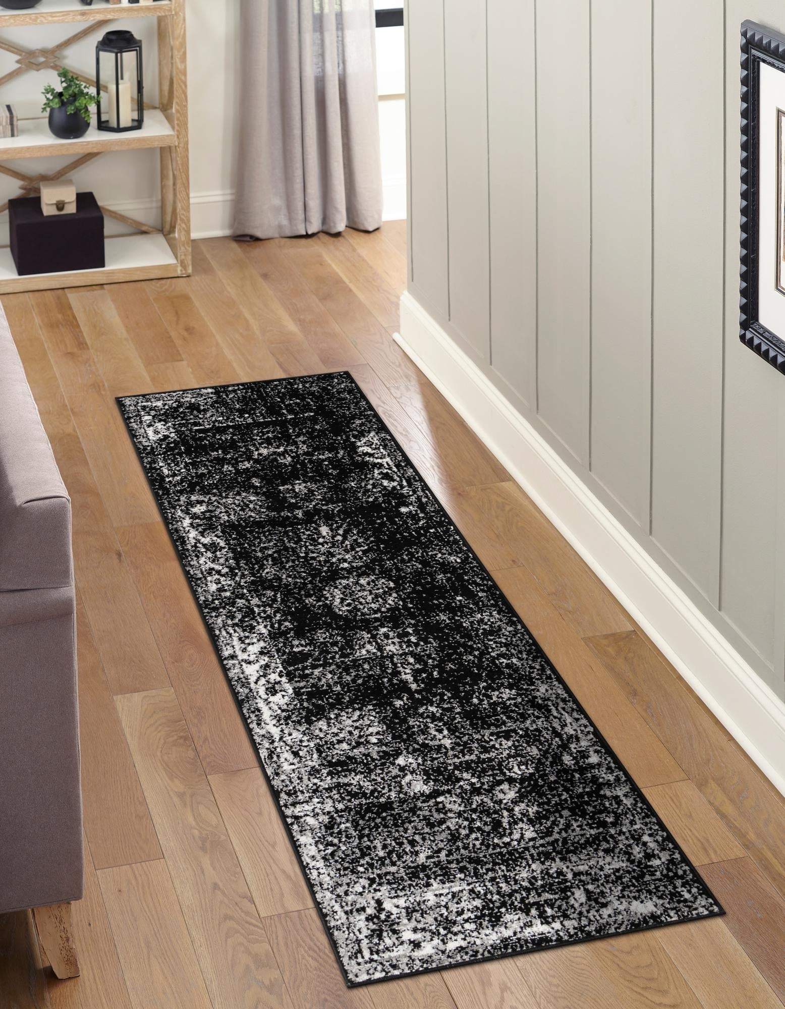 Chic Black Synthetic Indoor Runner Rug, Easy-Care and Stain-Resistant