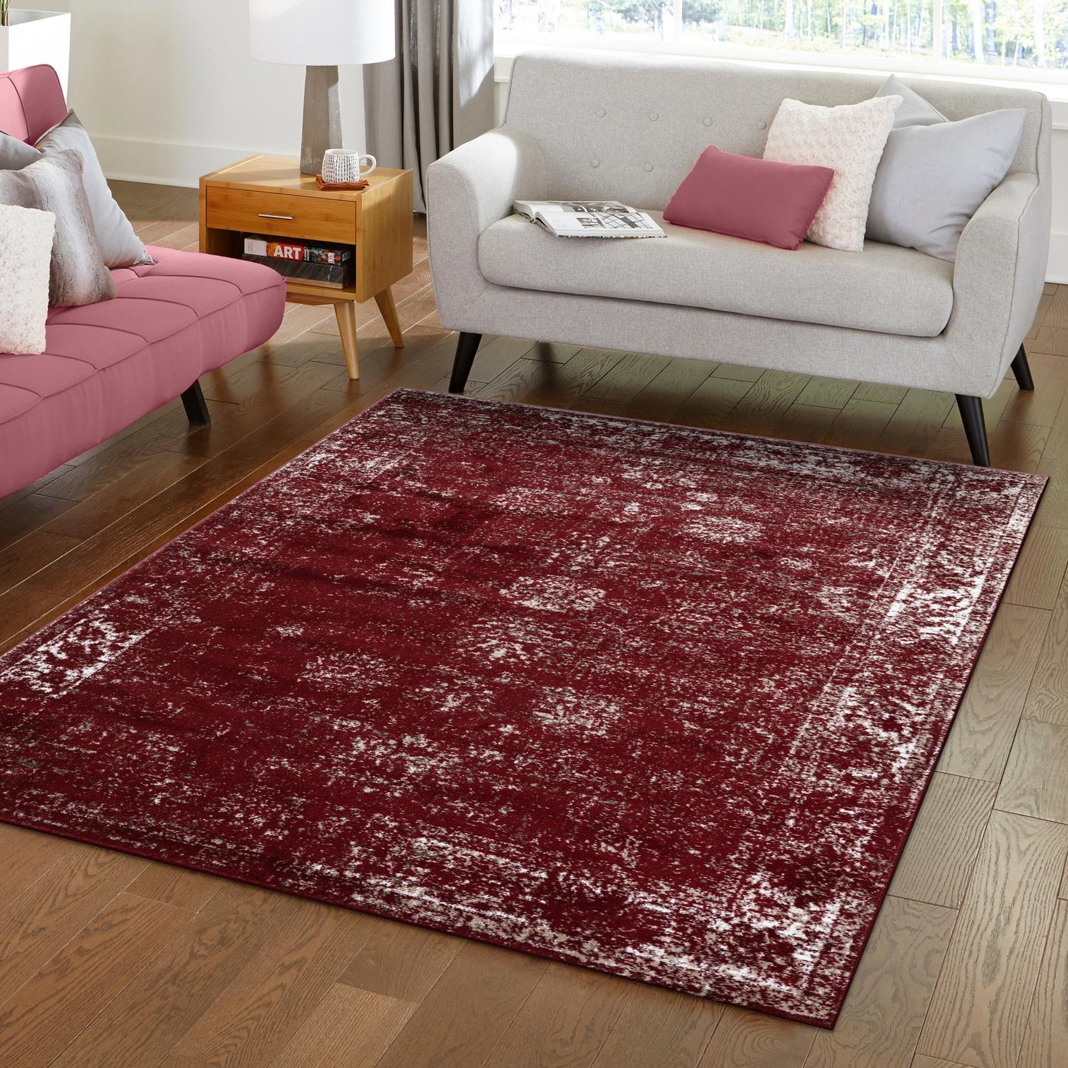 Burgundy Synthetic Low Pile Floral Motif Accent Rug