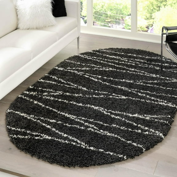 Unique Loom Serenity Shag Collection Area Rug - Castries (7' 10" x 10' Oval Black and White)