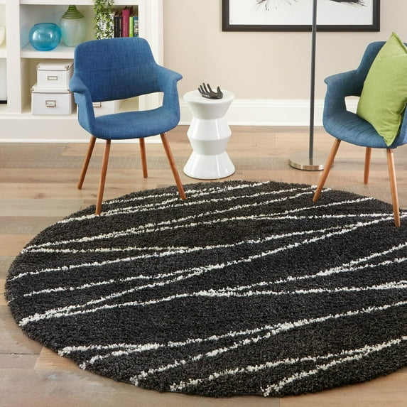 Unique Loom Serenity Shag Collection Area Rug - Castries (10' Round Black and White)